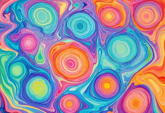 Vibrant abstract background featuring colorful swirling liquid marble patterns with circular ripples and psychedelic shapes in bright shades of neon paint