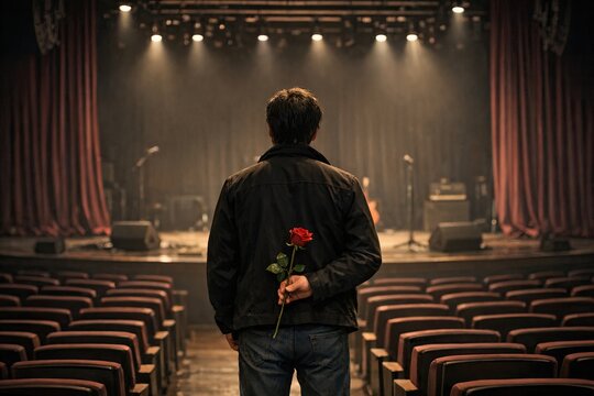 A person standing in front of a stage, holding a single rose, suitable for use as a symbol of love or appreciation