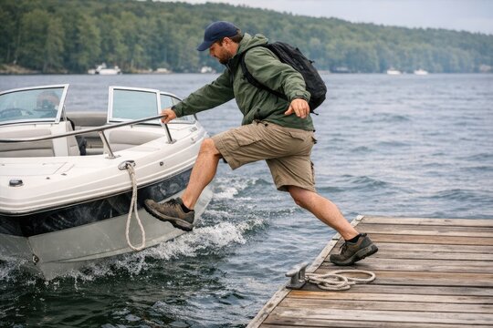 A person steps off a dock and onto a boat in the background, great for water or outdoor scenes