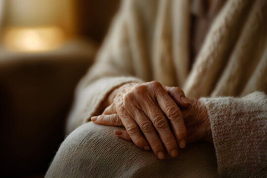 Close up of an elderly person's wrinkled hands resting folded on the lap in warm indoor light, aging and care concept
