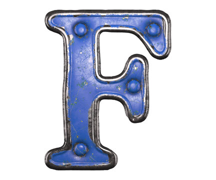 Blue scratched metal letter F with rivets