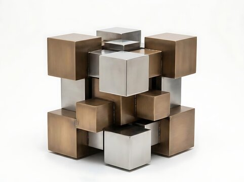 Geometric arrangement of abstract metallic cubes on a white background