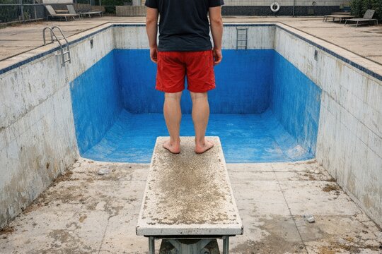 A person standing on a bench overlooking a swimming pool
