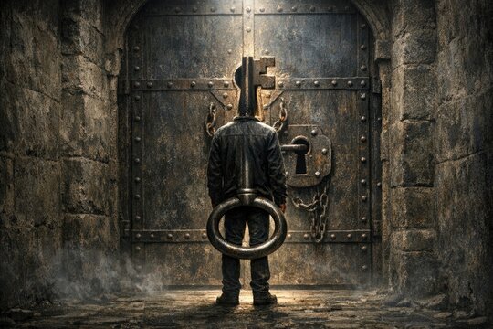 A person standing in front of a metallic door, possibly waiting or deciding what to do