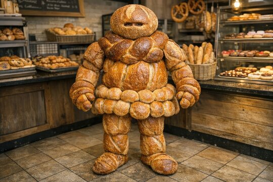 A figurine made entirely out of bread, sitting on a table or shelf