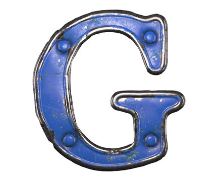 Blue scratched metal letter G with rivets