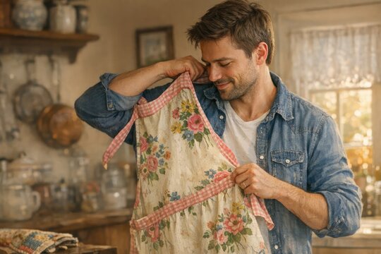 A person wearing a floral-patterned apron while working in a modern kitchen