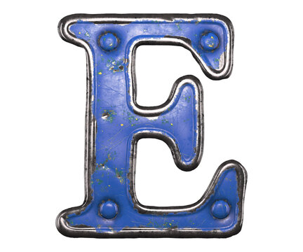 Blue scratched metal letter E with rivets