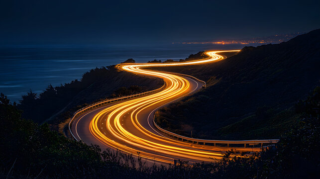 Curving highway at night showcasing captivating light trails from vehicles.