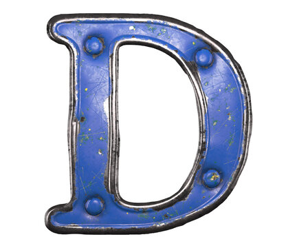 Blue scratched metal letter D with rivets