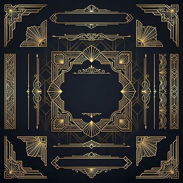 Elegant vintage art deco gold frame and border collection on a dark black background, geometric ornaments, symmetrical luxury design, intricate decorative elements, classic style, vector illustration.