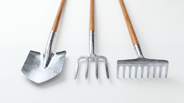 Galvanized zinc metal garden tool set with shovel, pitchfork, and rake isolated on white background