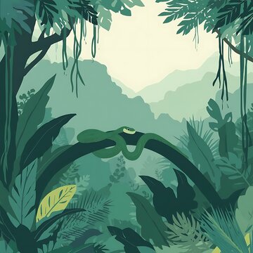 Green snake resting on a branch in a lush tropical jungle