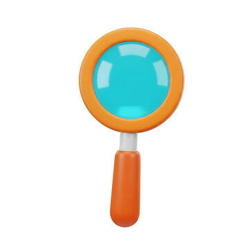 3d magnifying glass icon with orange handle and blue lens