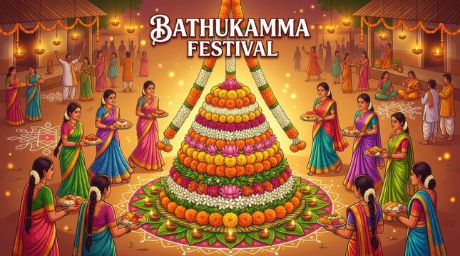 Floral pyramid with surrounding people depicts the bathukamma festival celebration in india floralpyramid flowerarrangement flowerstack flowerdisplay indianculture telugu tradition community