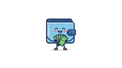 Fototapeta premium Cute blue wallet mascot character holding cash money bills.