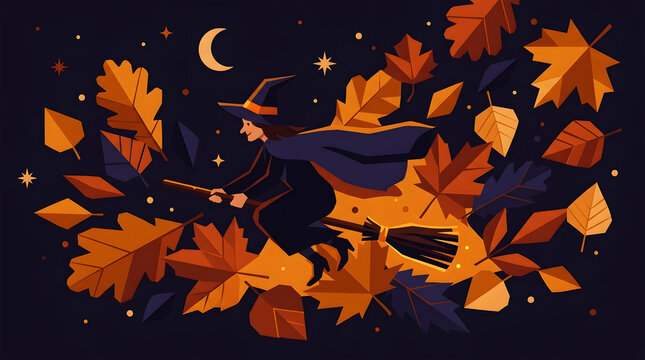 A magical halloween night unfolds as a witch soars through the starry sky amidst falling autumn leaves and a crescent moon