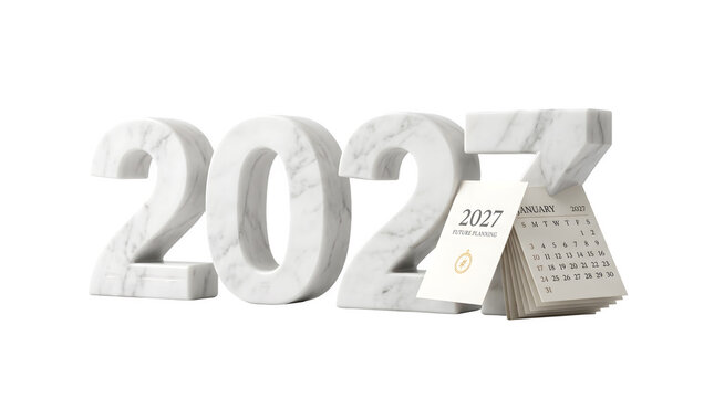 PNG marble 2027 calendar desk accessory with standing date numbers isolated on transparent background