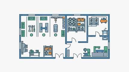 Fototapeta premium Dynamic Floor Plan of a Modern Industrial Workshop with Colorful Tools Machinery and Storage Systems