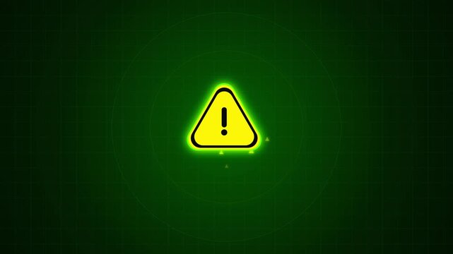 Vibrant neon yellow warning triangle sign on dark green background, neon warning triangle, caution sign