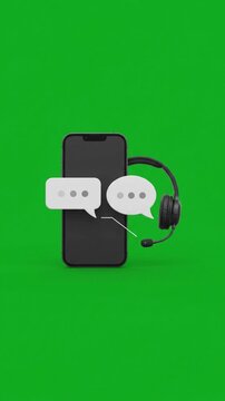 Smartphone with headset and chat bubble icons on green screen background vertical video mockup for customer support and helpline concept