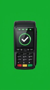 POS payment terminal displaying successful transaction check mark on green screen background vertical video mockup