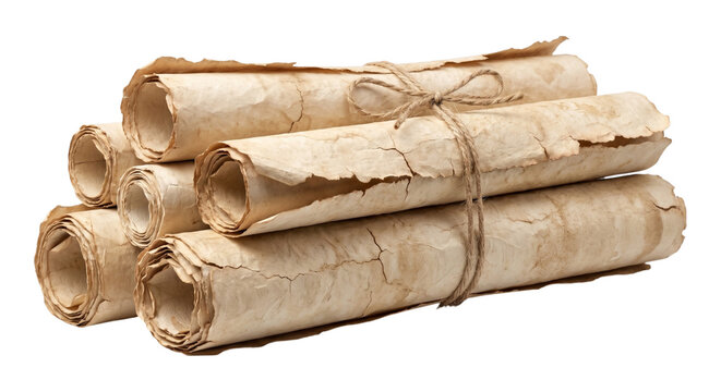 Stack of antique parchment paper scrolls tied with rustic twine on Transparent Background