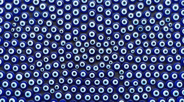 Blue Evil Eye Beads Pattern, Nazar Protective Amulet Texture, Round Jewels Background. Traditional Turkish Folk Art Motif For Design And Protection Symbol