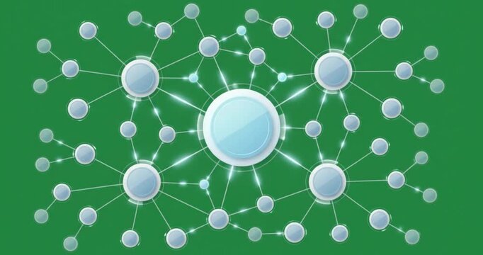 Futuristic digital network map with glowing connected nodes on green screen background