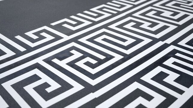 Abstract geometric pattern of white Greek key motifs on black. Decorative meander design texture. Seamless border line art. Background vector style.