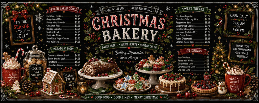 Festive Christmas bakery menu on dark chalkboard with holiday treats and cookies