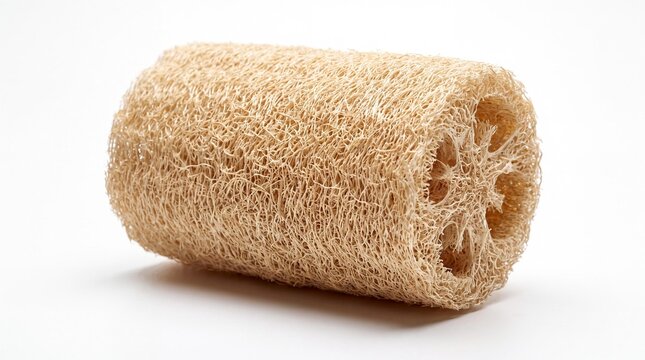 Loofah Sponge Close-up: A natural loofah sponge, showcasing its fibrous texture and intricate internal structure, lies isolated against a clean, neutral backdrop.