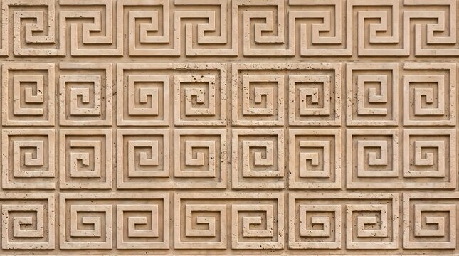 Greek key meander pattern on beige sandstone wall texture background with ancient geometric relief design, classical architectural detail for decorations