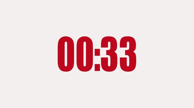 Digital clock timer in zero second to 33 second. White text number on isolated White background. 4K footage motion video.