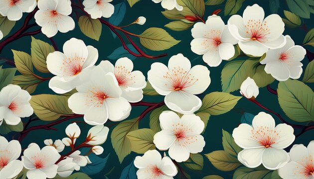 seamless pattern with white sakura and green leaves