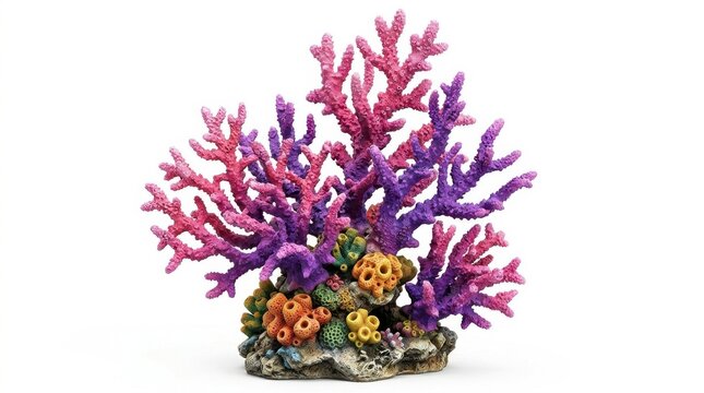 A vibrant collection of coral formations stands against a plain white background showcasing intricate textures aquatic branchingcoral corals coralreef