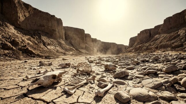 Sunlit dry riverbed with animal skeletons bones and cracked mud under harsh sun