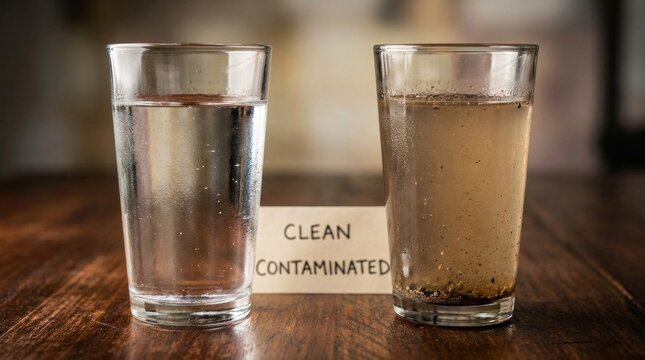 Labeled clean and contaminated water glasses showing stark quality difference