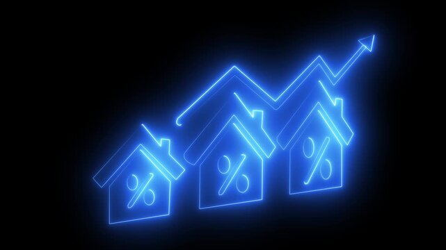 Glowing neon line House under protection icon with up arrow isolated on black background. a glowing light drawing a neon outline of houses decreasing in size. House, home building. 4K Video.