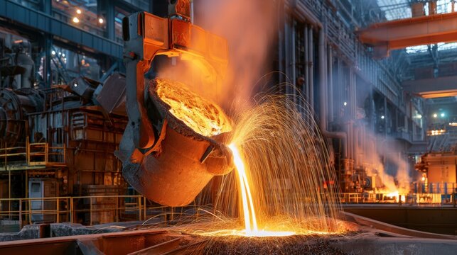Molten metal pours from a casting machine