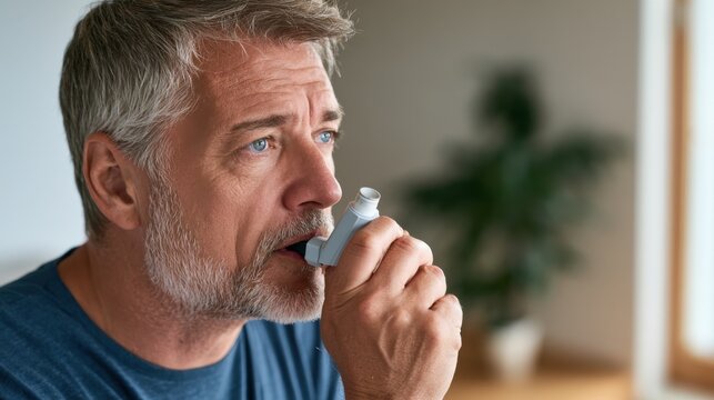 Middle-aged man uses inhaler for respiratory relief