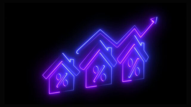 Glowing neon line House under protection icon with up arrow isolated on black background. a glowing light drawing a neon outline of houses decreasing in size. House, home building. 4K animation Video.