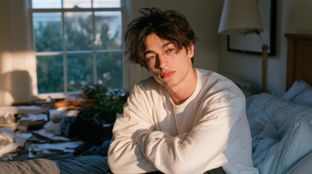 Young man sits cross-legged on bed, arms wrapped