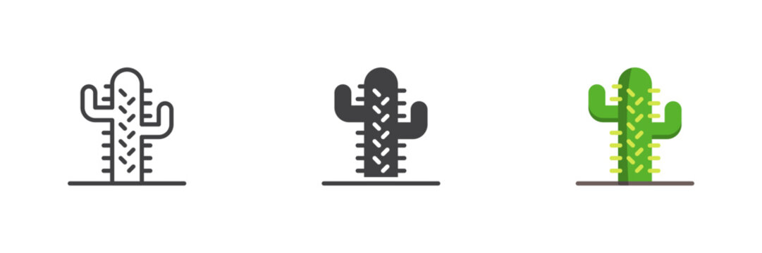 Saguaro cactus line solid flat colorful icon set