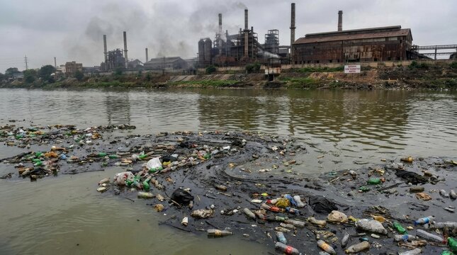 Heavily polluted river filled with plastic waste near industrial factory complex