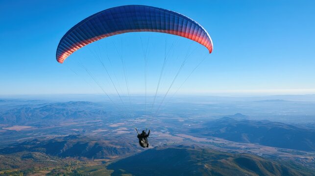 Paraglider soars above vast, sunlit mountains