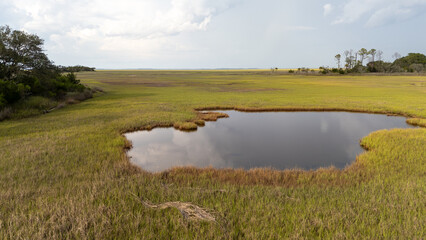 Fototapeta premium Drone view of lowcountry marsh with water in South Carolina
