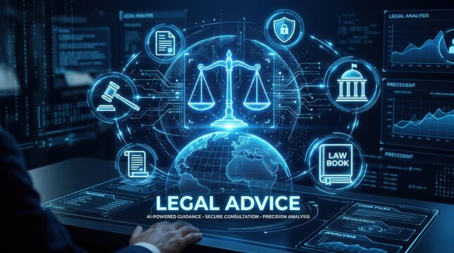 Scales of justice with digital globe and legal icons represent modern law and international jurisprudence advocacy arbitration attorney case