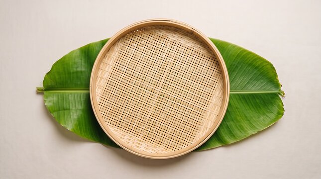 Natural woven bamboo winnowing basket resting on fresh green tropical