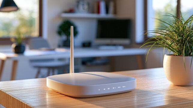 Modern router sits on wooden desk